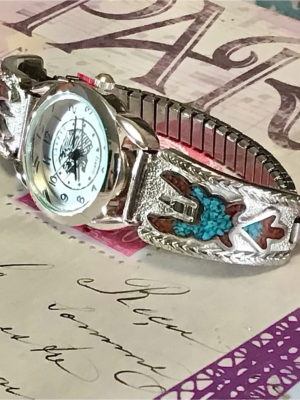 Woman’s Silver Navajo Thunderbird Turquoise/Coral Band Indian Liberty Coin Watch